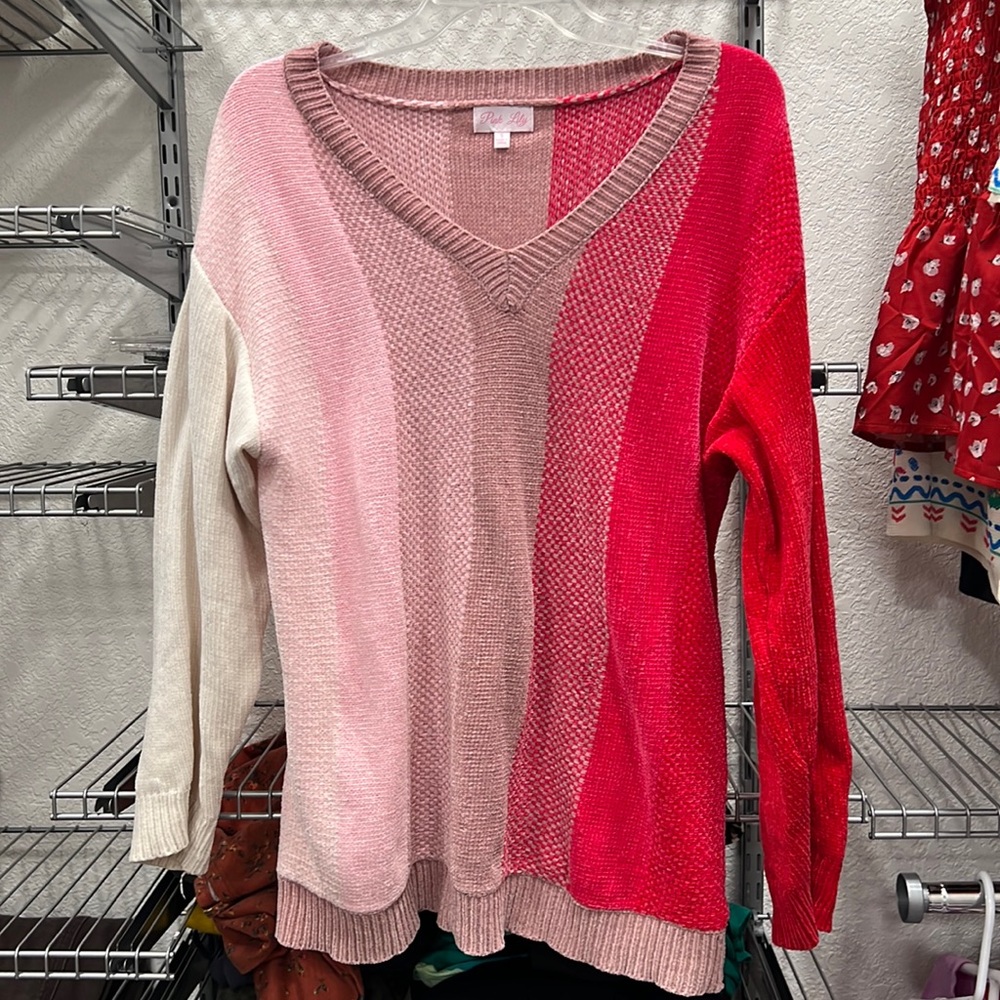 Pink lily color block velour sweater size small